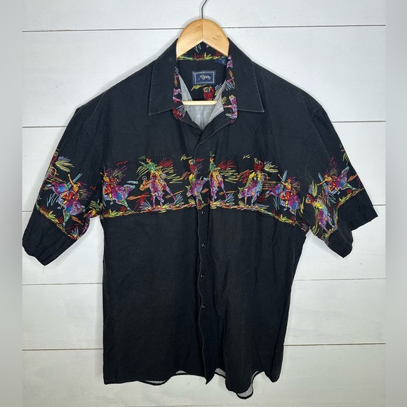 Roper Other - **SOLD**Vintage Roper Western Shirt XL – Black Cowboy Neon Rodeo Horse Print